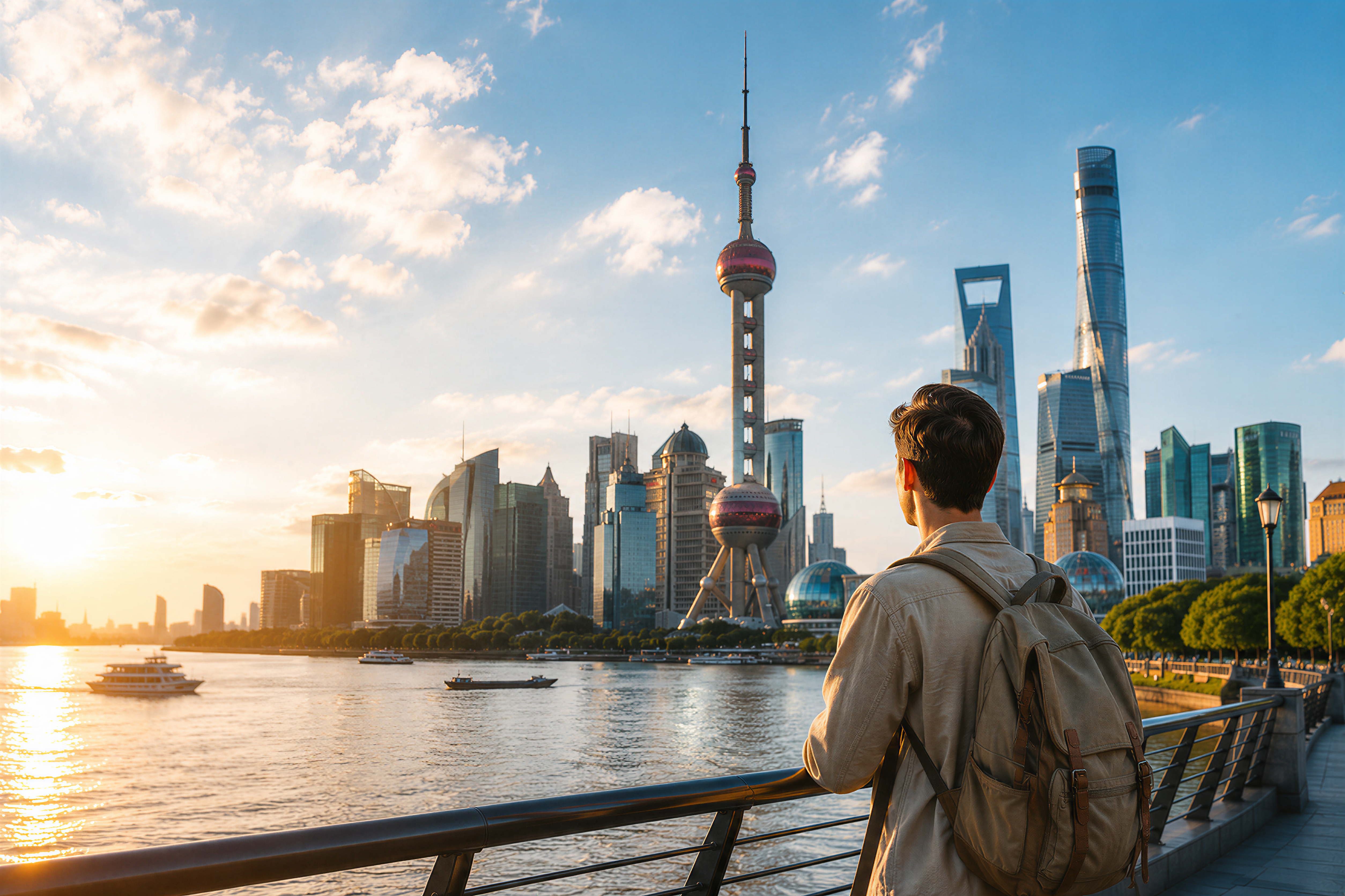 Expat viewing the Shanghai skyline at sunset